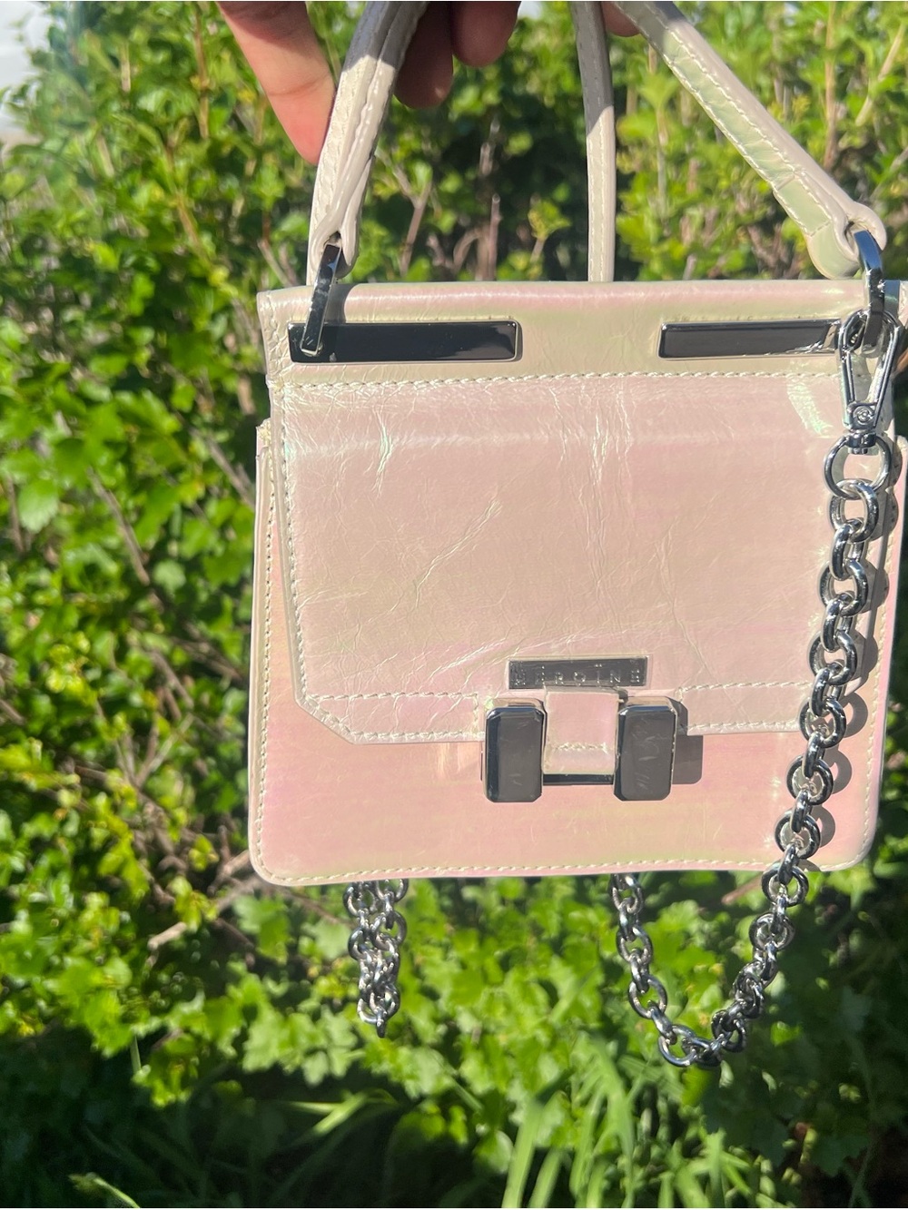 Iridescent White Mini Crossbody Bag with Silver Chain